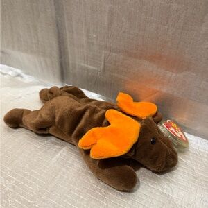Ty BEANIE BABY Chocolate Brown Plush Moose with Orange Antlers